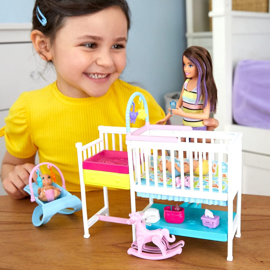 Barbie Nursery Playset with Skipper Babysitters Doll, 2 Baby Dolls, Crib and 10+ Pieces of Working Baby Gear and Themed Toys, Gift Set for 3 to 7 Year Olds, Multicolor