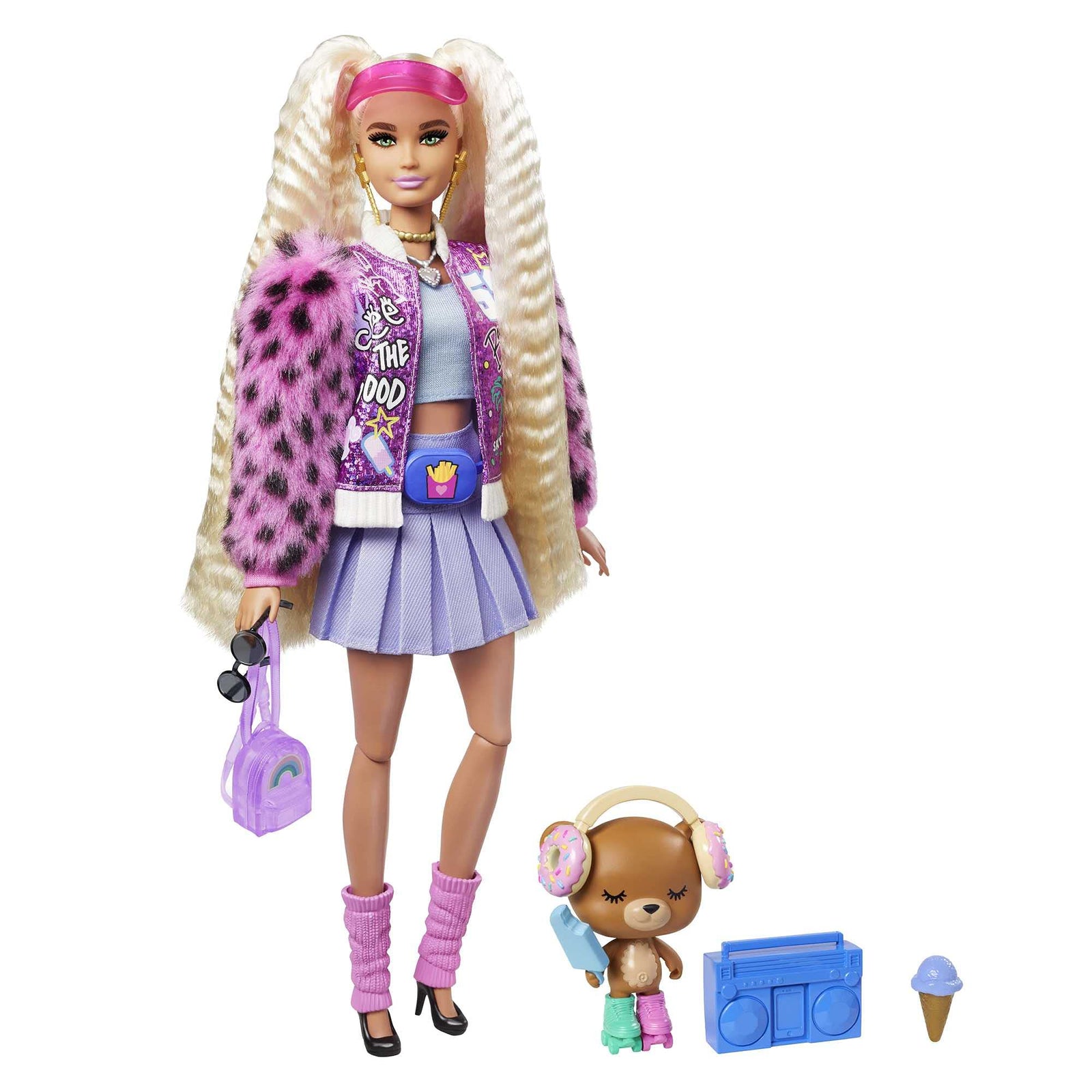 Barbie Extra Doll #8 in Pink Sparkly Varsity Jacket with Furry Arms & Pet Teddy Bear, Extra-Long Crimped Pigtails, Layered Outfit & Accessories, Multiple Flexible Joints
