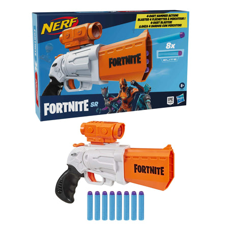 NERF Fortnite SR Blaster -- 4-Dart Hammer Action -- Includes Removable Scope and 8 Official Elite Darts -- for Youth, Teens, Adults