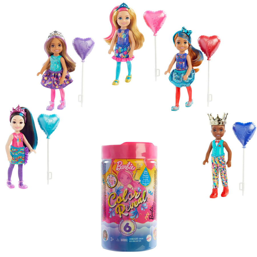 Barbie Chelsea Color Reveal Doll with 6 Surprises: 4 Bags Contain Skirt or Pants, Shoes, Tiara & Balloon Accessory; Water Reveals Confetti-Print Doll’s Look & Color Change on Hair