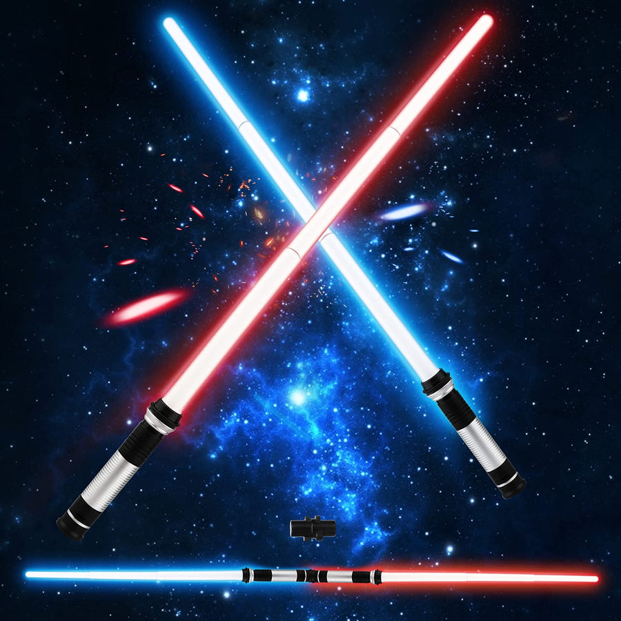 TOY Life Light Up Saber 2 Pack Telescopic Extendable & Collapsable Laser Sword 2-in-1 LED + Sound FX(Motion Sensitive) Double Bladed Dual Light Up Sword for Kids Halloween Dress Up Parties Costume