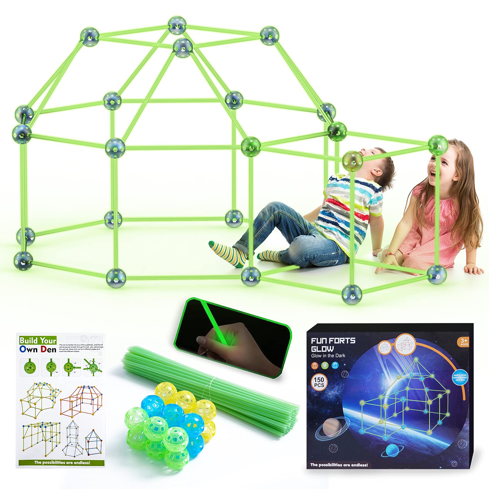 150 Pcs Glow Fort Building Kits for Kids, Creative Toys Forts for 3-14 Years Old Tent Construction Forts, Ultimate Forts Builder DIY Building Tent Learning Toy for Indoor & Outdoor Teepee Kit