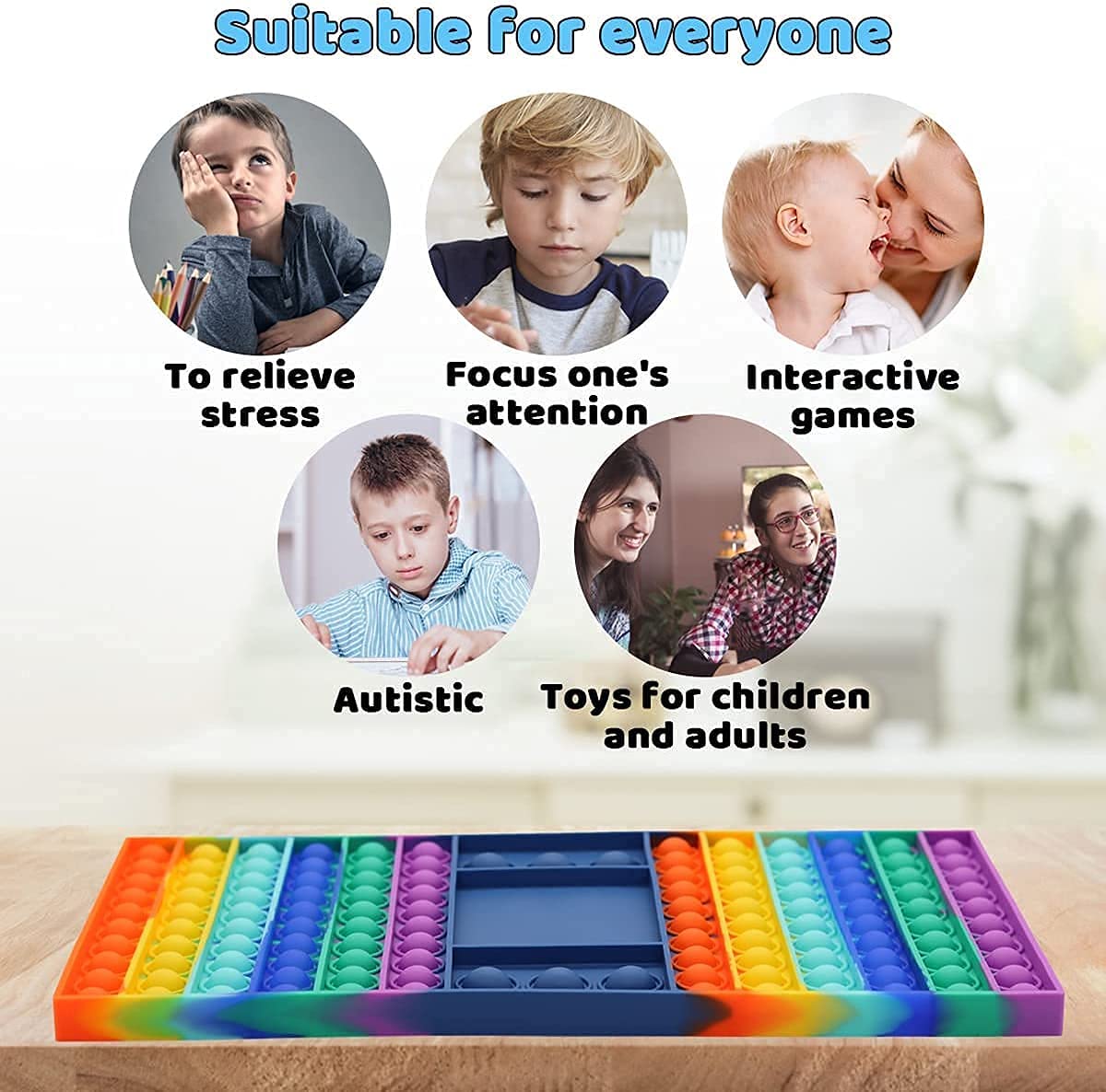 MOORAY Big Size Fidget Toys, Silicone Rainbow Chess Board Push Pop Fidget Toy,Stress Relief Sensory Toys for Autistic Children and Anxiety Adults(Rectangle-a)