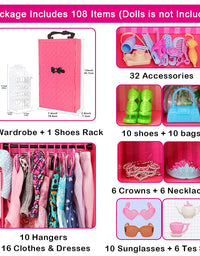 BARWA Fashion Closet Wardrobe 107 Pcs Doll Accessories 16 Pack Doll Clothes 1 Shoes Rack 84 Pcs Different Shoes Hanger Crown Necklace Glasses Doll Accessories Xmas Gift
