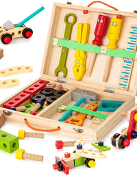 KIDWILL Tool Kit for Kids, Wooden Tool Box with 33pcs Wooden Tools, Building Toy Set, Educational STEM Construction Toy,Christmas Birthday Gift for 2 3 4 5 6 Year Old Toddlers Boys Girls
