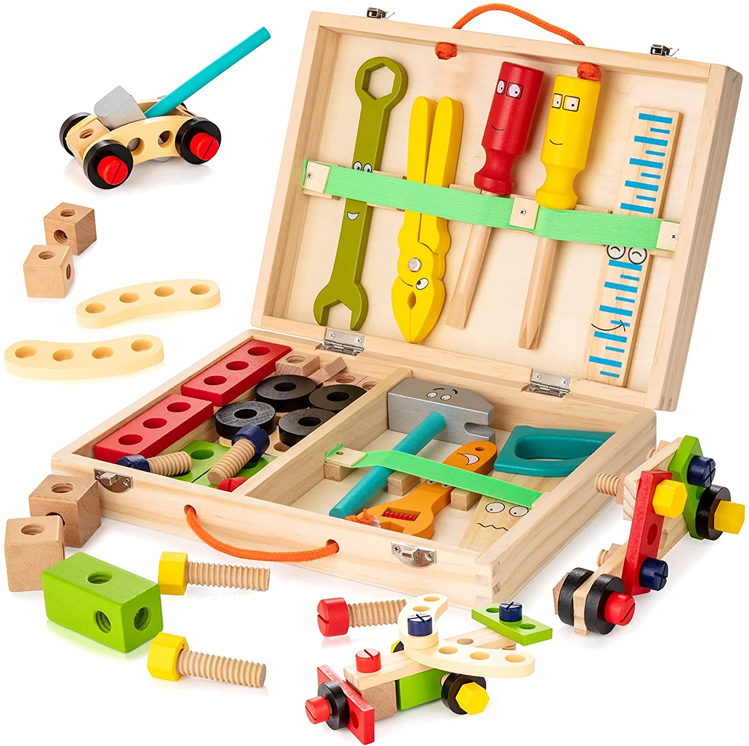 KIDWILL Tool Kit for Kids, Wooden Tool Box with 33pcs Wooden Tools, Building Toy Set, Educational STEM Construction Toy,Christmas Birthday Gift for 2 3 4 5 6 Year Old Toddlers Boys Girls