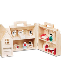 Melissa & Doug Fold & Go Wooden Dollhouse With 2 Play Figures and 11 Pieces of Furniture
