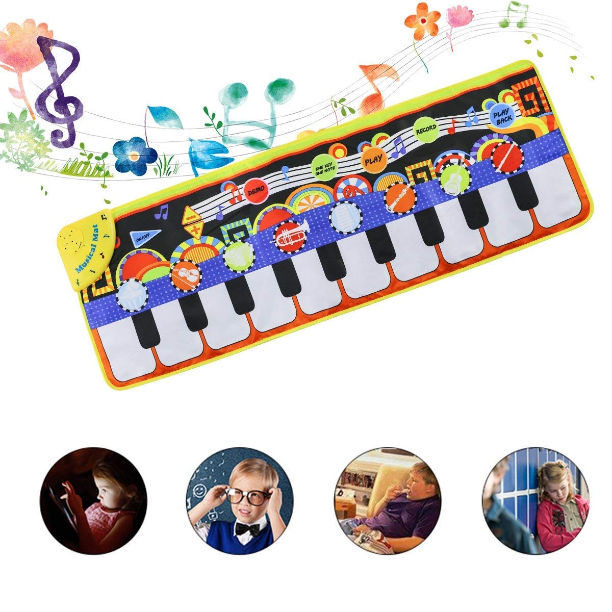 Cyiecw Piano Music Mat, Keyboard Play Mat Music Dance Mat with 19 Keys Piano Mat, 8 Selectable Musical Instruments Build-in Speaker & Recording Function for Kids Girls Boys, 43.3'' x14.2''
