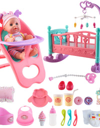 deAO Baby Doll Set with Crib Mobile High Chair Stroller Feeding Accessories 21 Pieces Play Set (Baby Doll Included)
