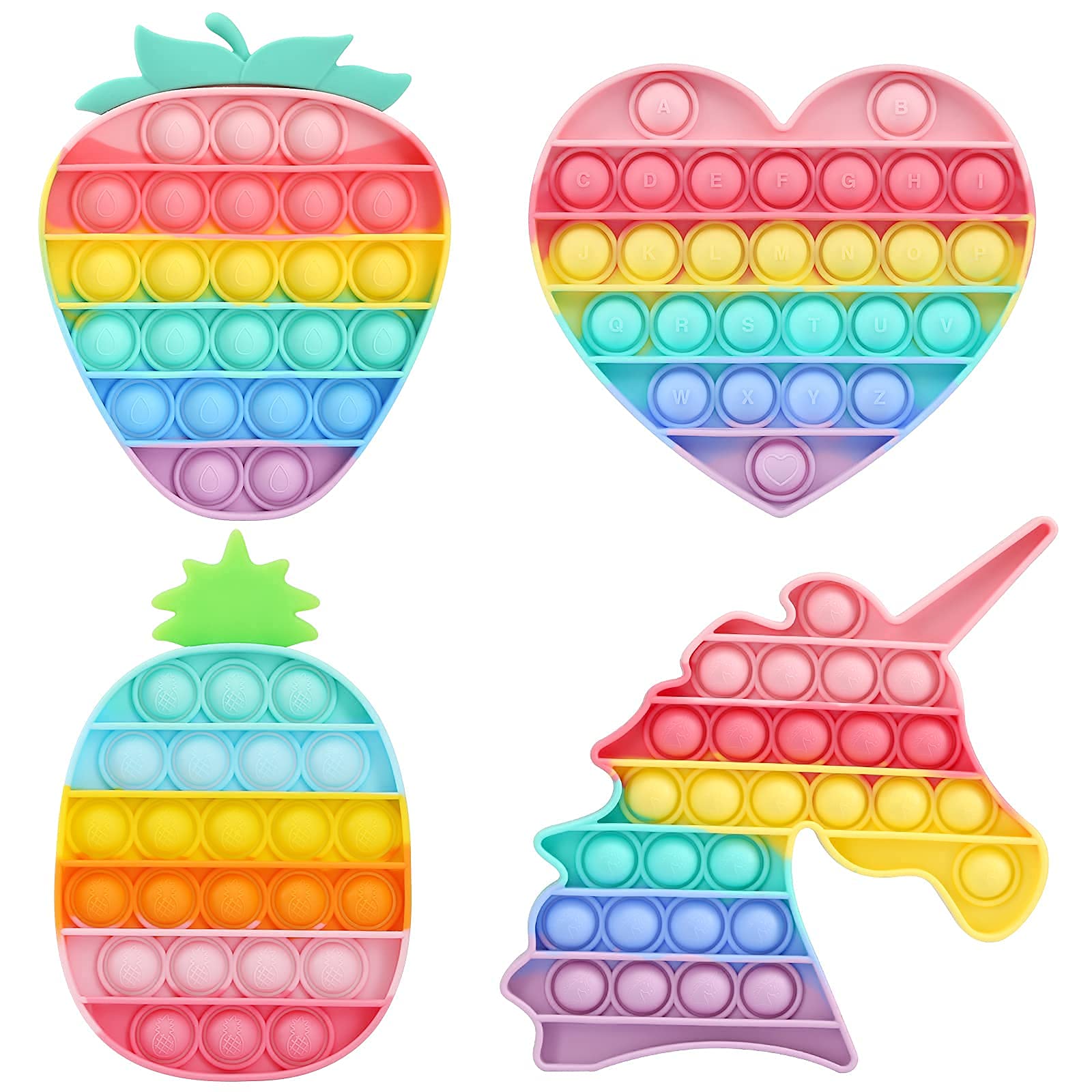HiUnicorn 4 Pack Poppers Pop Sound Fidget Toys Gifts for Girls, Rainbow Unicorn Push Bubble Popping Game Toy BPA-Free Silicone, Macaron Pineapple Strawberry Fruits Sensory Toys Anxiety Reliever