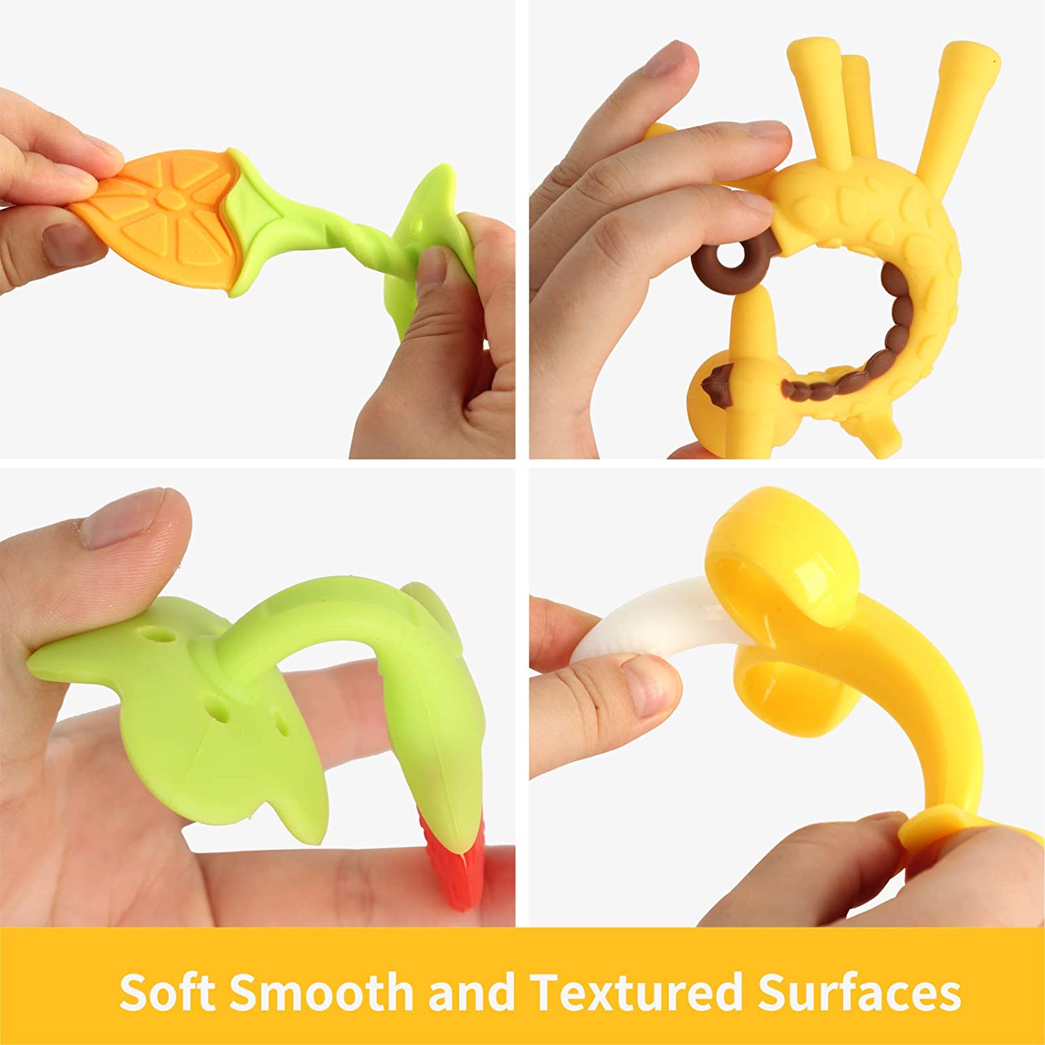 Baby Teething Toys for Newborn (4-Pack) Freezer Safe BPA Free Infant and Toddler Silicone Banana Toothbrushes Fruit Giraffe Teethers Soothe Babies Gums Set with Storage Case