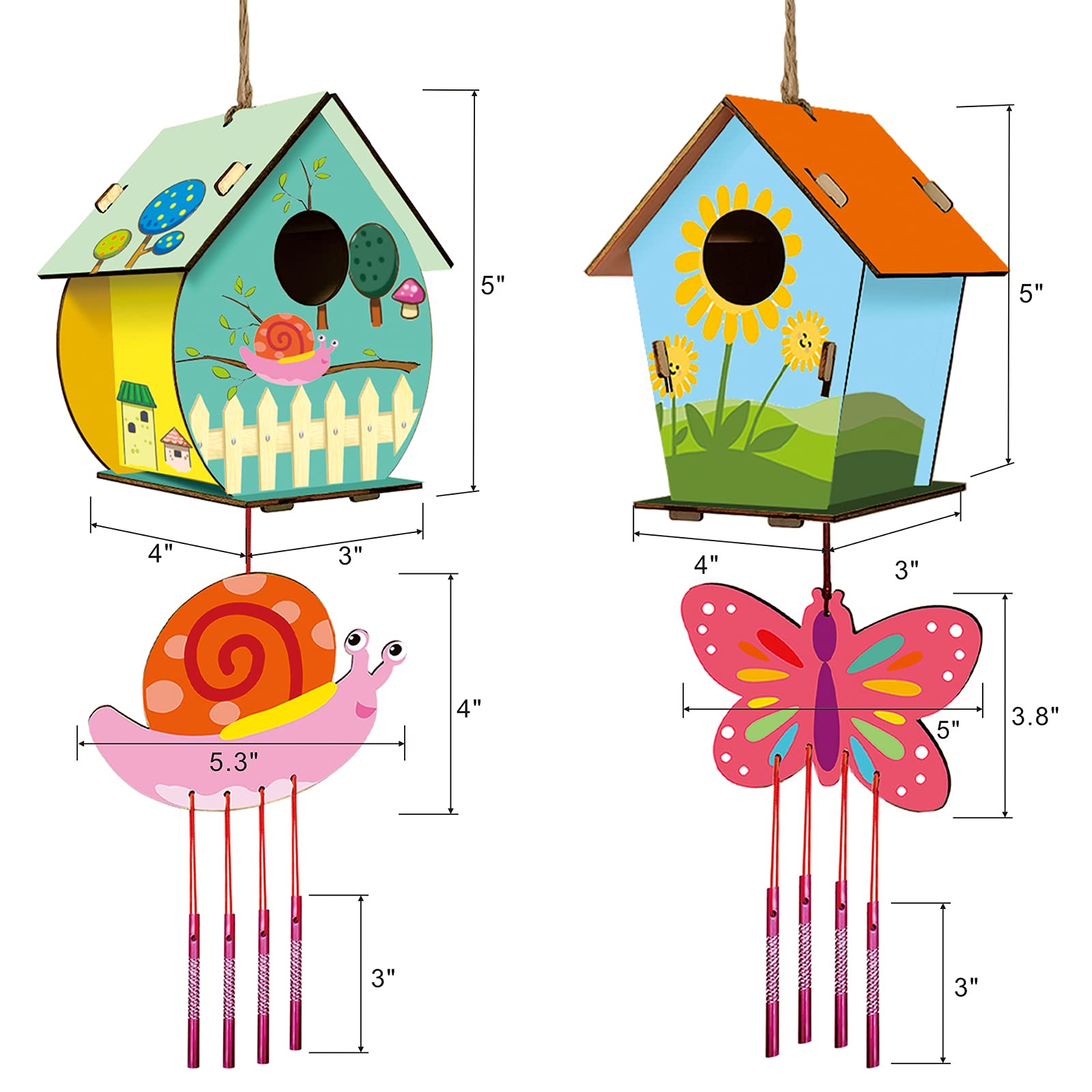 HOME COMPOSER 4 Pack DIY Bird House Wind Chime Kits for Children to Build and Paint, Wooden Arts and Crafts for Kids Girls Boys Toddlers Ages 8-12 4-6 6-8, Paint Kit Includes Paints & Brushes