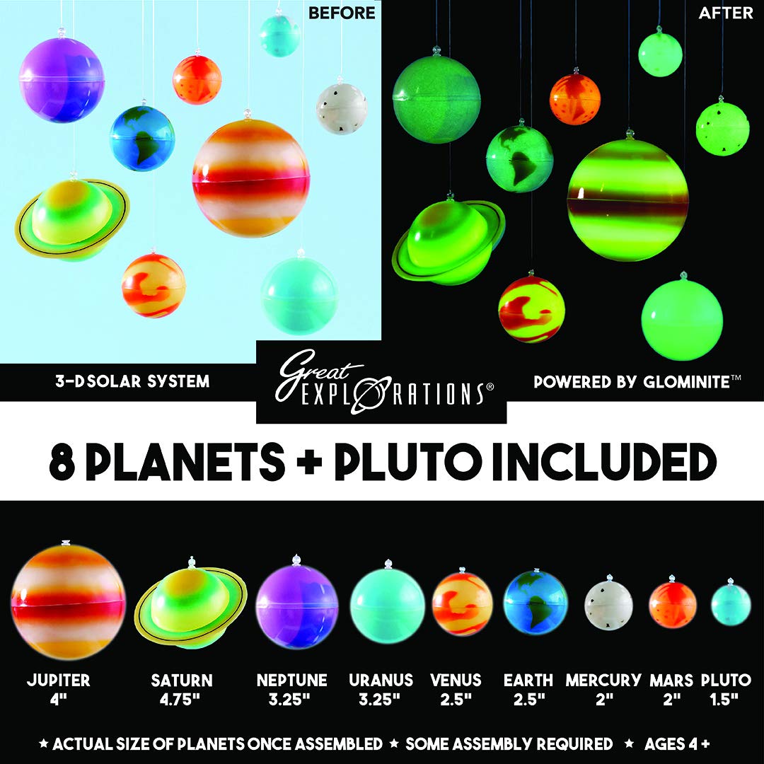 Great Explorations 3-D Solar System Glow In The Dark Ceiling Hanging Kit 3D Planets and Star Stickers Create the Milky Way Teach Science STEM, Multicolor (UG-19862)