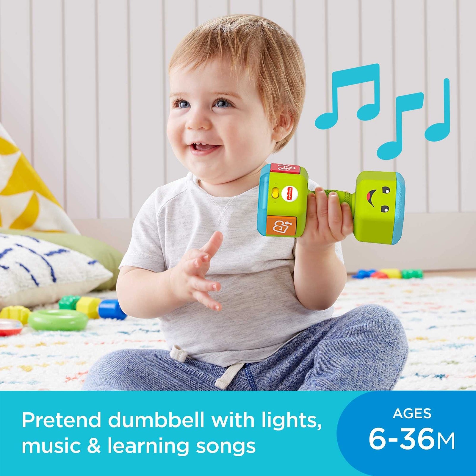 Fisher-Price Laugh & Learn Countin' Reps Dumbbell rattle toy with music, lights and learning content for baby and toddler ages 6-36 months