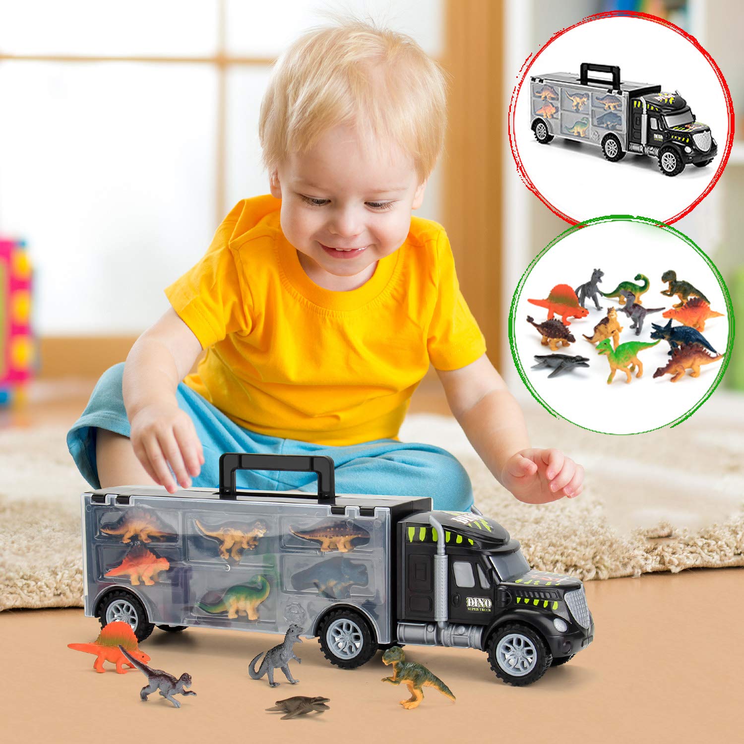 Dinosaur Truck Carrier – Dinosaur Toy for Boys, 12 Dinosaur Toys Playset – Toy Dinosaurs for Boys Age 3 & Up with More Dinosaur Figures, Dinosaur Trucks for Boys Toys Age 4-5, 6, 7 Years Old