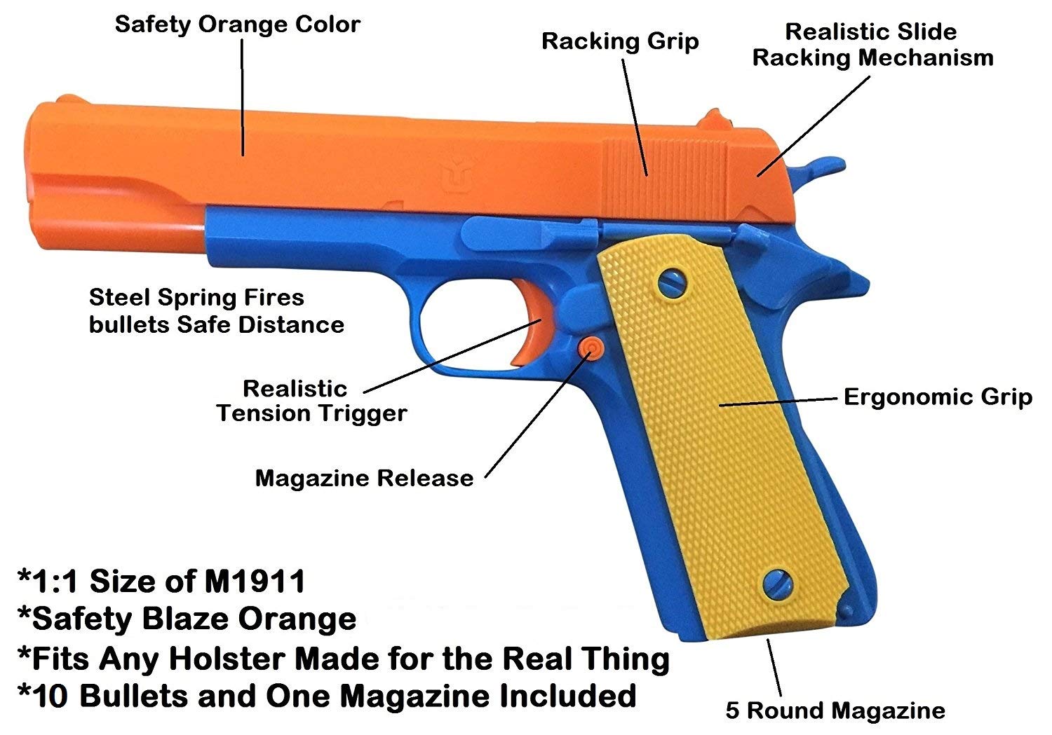 Colt 1911 Toy Gun with Ejecting Magazine and Glow Tip Bullets - Style of M1911 with Slide Action Orange Barrel for Safety Training or Play - Unique Gift Intended for Fun, Not Distance or Accuracy