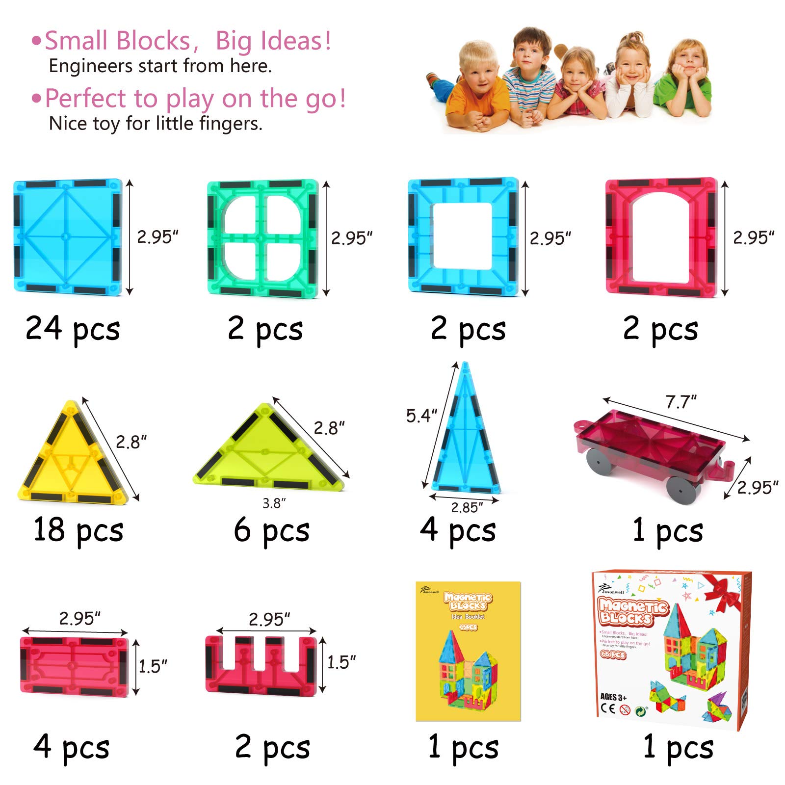 Jasonwell 65 PCS Magnetic Tiles Building Blocks Set for Boys Girls Preschool Educational Construction Kit Magnet Stacking Toys for Kids Toddlers Children 3 4 5 6 7 8 Year Old