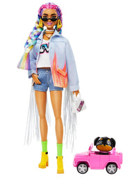 Barbie Extra Doll #5 in Long-Fringe Denim Jacket with Pet Puppy, Rainbow Braids, Layered Outfit & Accessories Including Car for Pet, Multiple Flexible Joints, Gift for Kids 3 Years Old & Up, 12 inch
