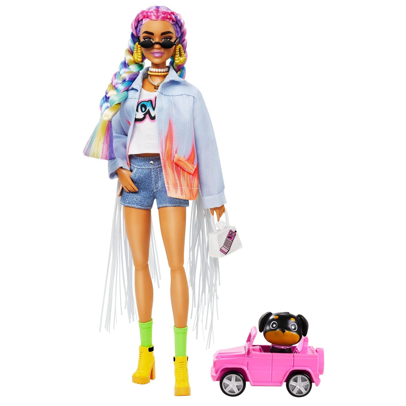 Barbie Extra Doll #5 in Long-Fringe Denim Jacket with Pet Puppy, Rainbow Braids, Layered Outfit & Accessories Including Car for Pet, Multiple Flexible Joints, Gift for Kids 3 Years Old & Up, 12 inch