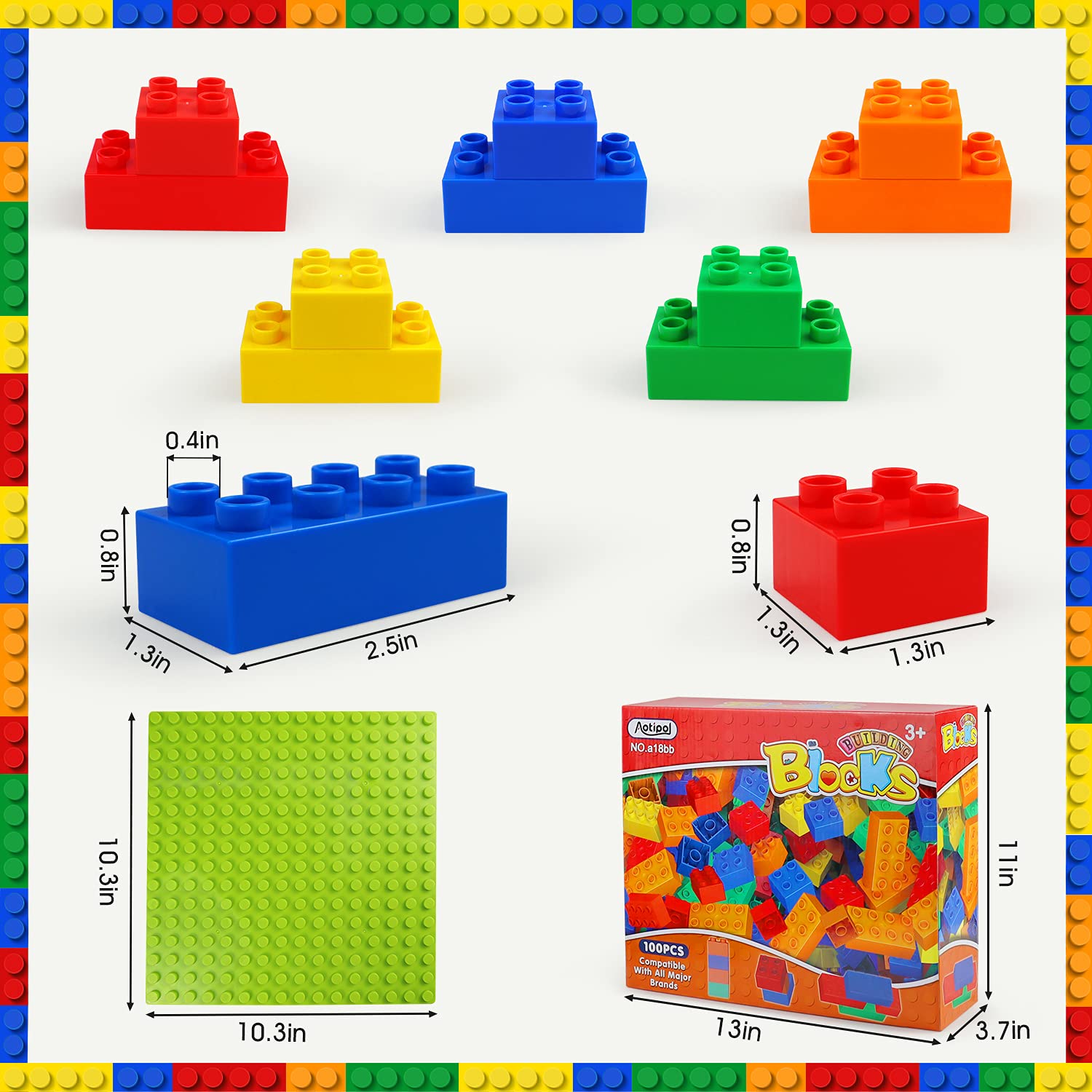 Building Blocks for Kids Toddlers Including a Baseplate, 101-piece Large Classic Building Bricks Set for Kids of All Ages, Basic STEM Toys Gift, Compatible with All Major Brands