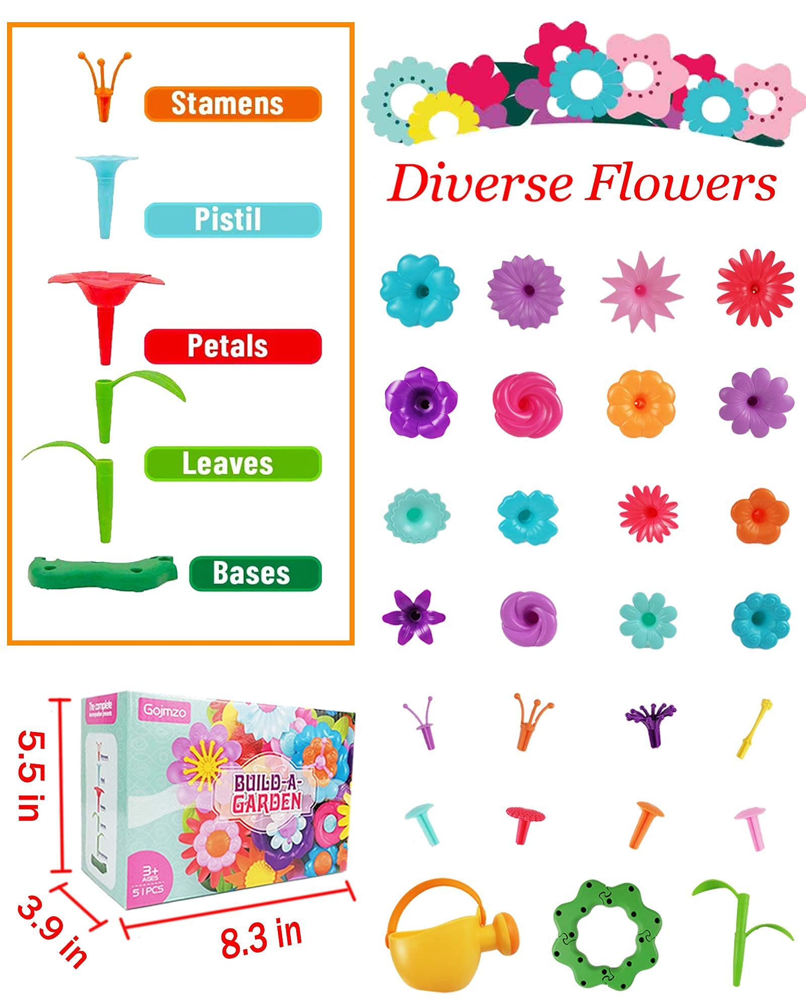 Toys for 3 4 5 6 Year Old Girls, Preschool Activities Christmas & Birthday Gifts for Toddlers and Kids Flower Garden Building Toys 51 PCS