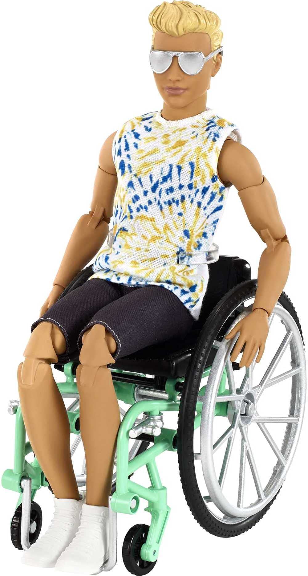 Barbie Ken Fashionistas Doll #167 with Wheelchair & Ramp Wearing Tie-Dye Shirt, Black Shorts, White Sneakers & Sunglasses, Toy for Kids 3 to 8 Years Old
