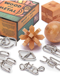 Brain Teasers Metal and Wooden Puzzles for Kids and Adults 9 Pack, Mind, IQ, and Logic Test and Handheld Disentanglement Games, 3D Coil Cast Wire Chain and Durable Wood Educational Toys
