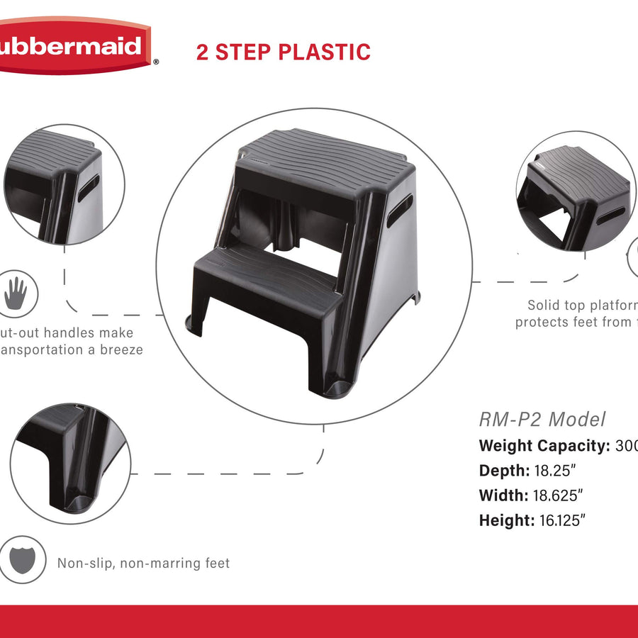 Rubbermaid RM-P2 2-Step Molded Plastic Stool with Non-Slip Step Treads 300-Pound Capacity