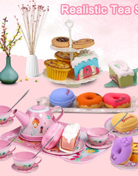 PRE-WORLD Tea Party Set for Little Girls, Princess Tea Time Toy Including Dessert,Cookies,Doughnut,Teapot Tray Cake, Tablecloth & Carrying Case,Kids Kitchen Pretend Play for Girls Boys Age 3-6
