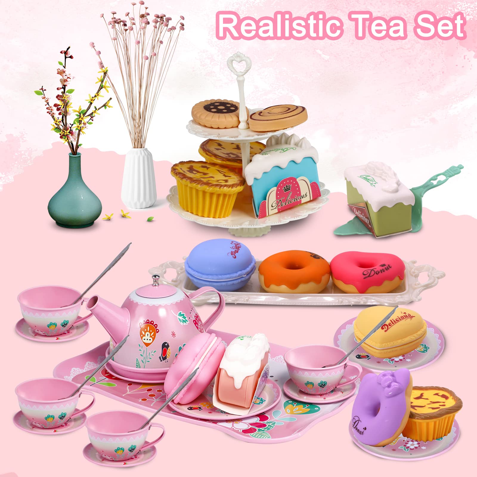 PRE-WORLD Tea Party Set for Little Girls, Princess Tea Time Toy Including Dessert,Cookies,Doughnut,Teapot Tray Cake, Tablecloth & Carrying Case,Kids Kitchen Pretend Play for Girls Boys Age 3-6