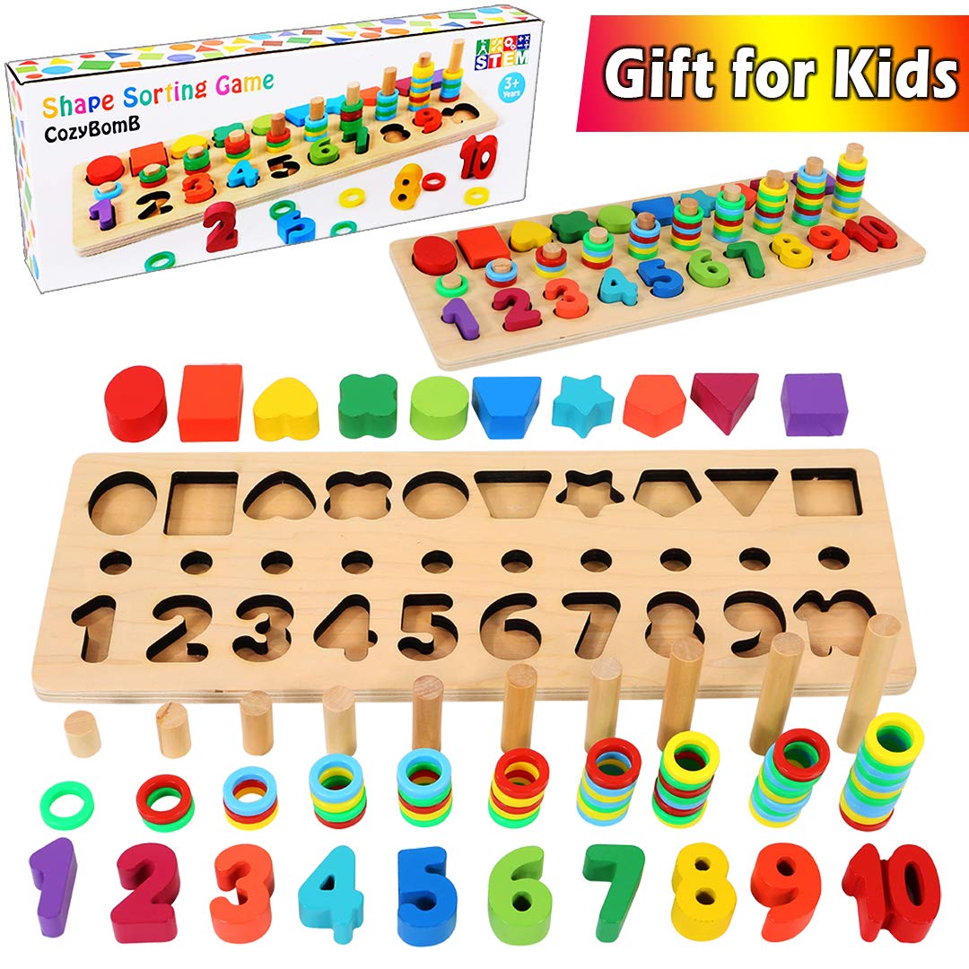 CozyBomB Wooden Number Puzzle Sorting Montessori Toys for Toddlers - Shape Sorter Counting Game for Age 3 4 5 Year olds Kids - Preschool Education Math Stacking Block Learning Wood Chunky Jigsaw