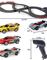Electric Racing Tracks for Boys and Kids Including 4 Slot Cars 1:43 Scale with Headlights and Dual Racing, Race Car Track Sets with 2 Hand Controllers, Gift Toys for Children Over 8 Years Old
