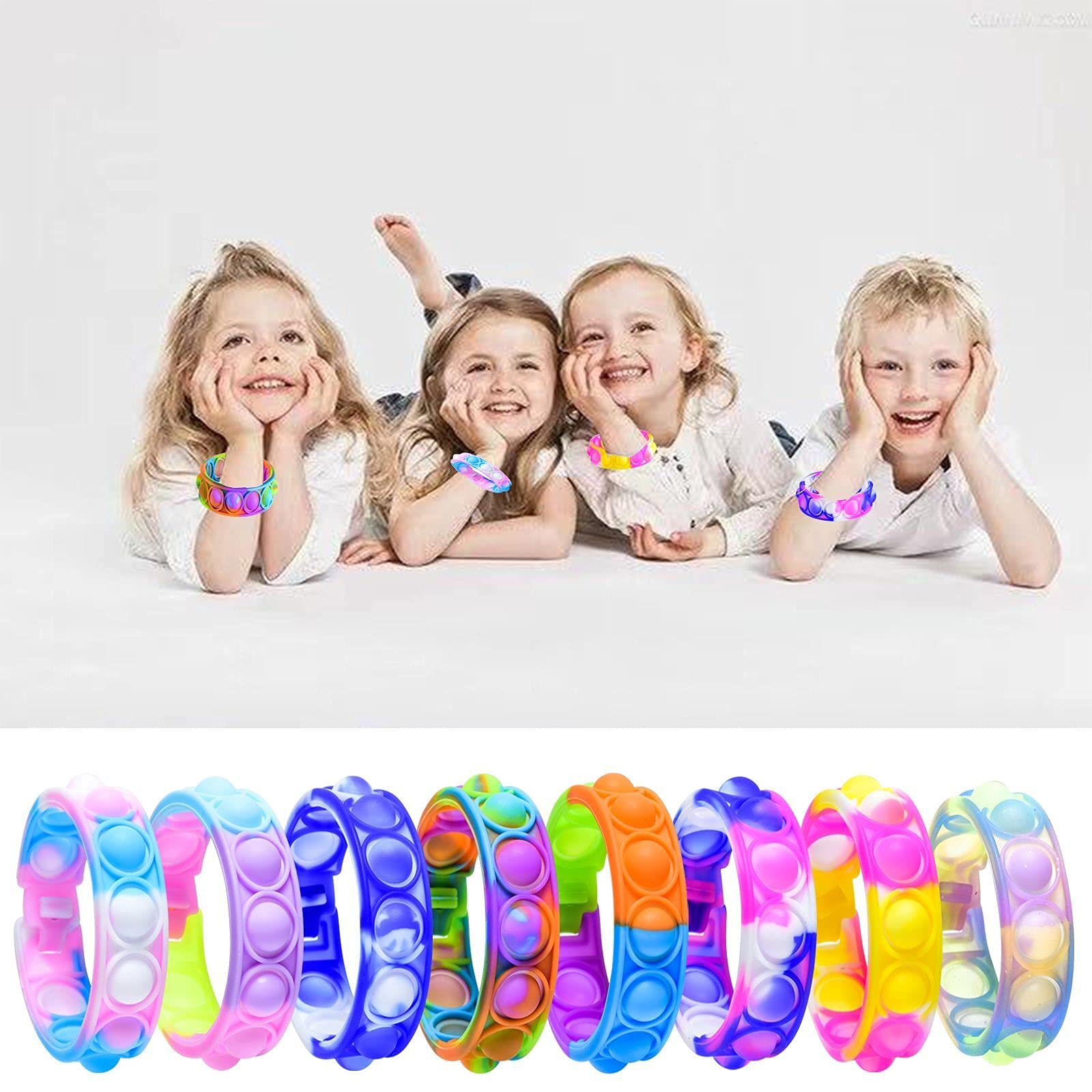 Zxhtwo 16 Pcs Pop Fidget Toy Fidget Bracelet, Wearable Push Poping Bubble Sensory Toys Stress Relief Finger Press Silicone Wristband for Kids and Adults ADHD ADD Autism Anxiety