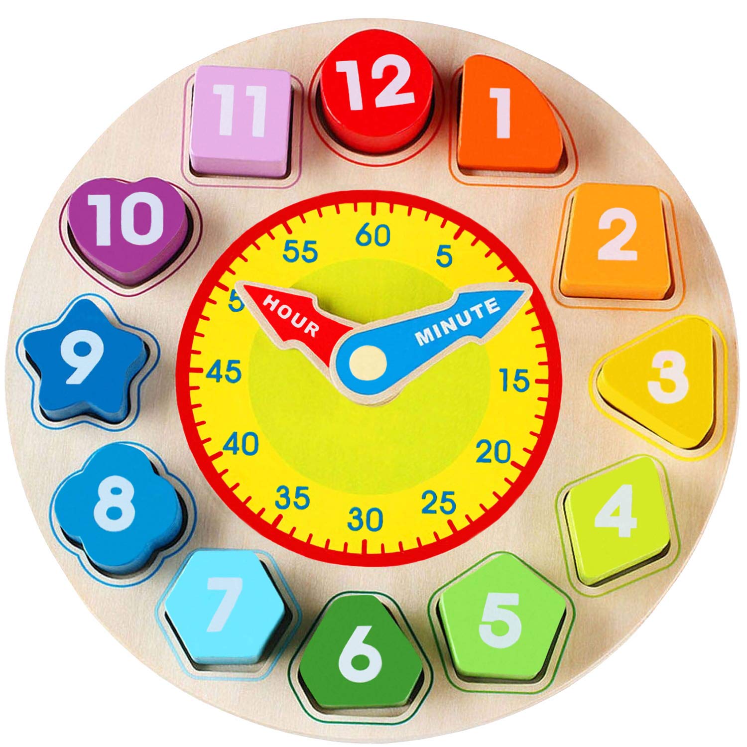 Garlictoys Wooden Shape Color Clock Puzzle-Teaching Time Sorting Number Blocks, Stacking Sorter Jigsaw Montessori Early Learning Montessori Educational Toy Gift for3+ Year Old Toddler Baby Kids