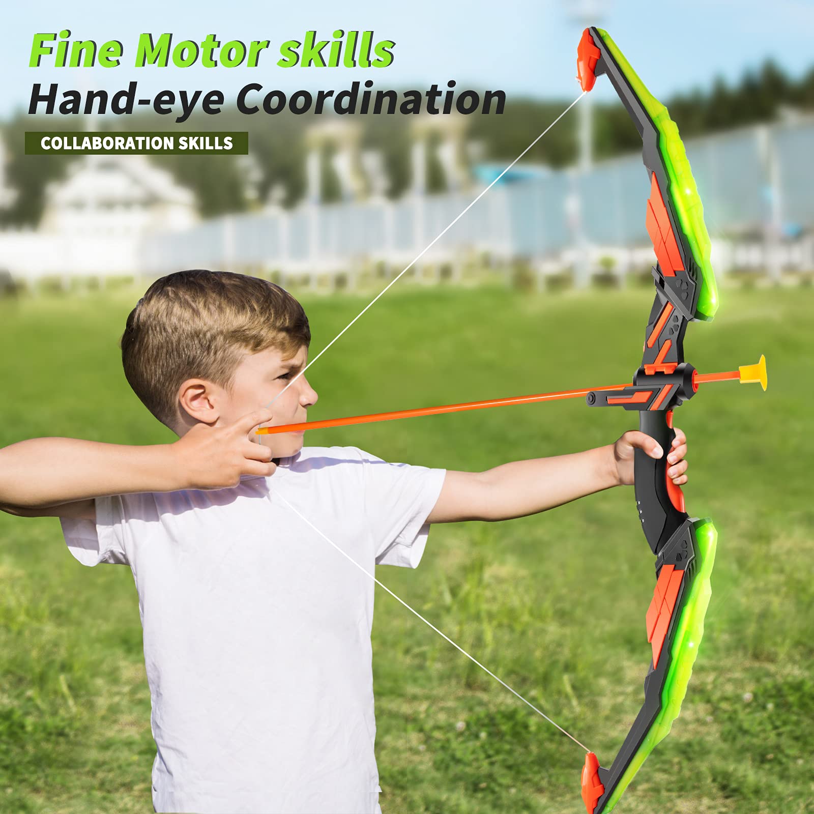 TMEI Bow and Arrow Set for Kids - Archery Toy Set - LED Light Up with 10 Suction Cup Arrows, Target & Quiver, Indoor and Outdoor Toys for Children Boys Girls