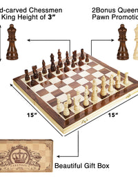 Amerous 15 Inches Magnetic Wooden Chess Set - 2 Extra Queens - Folding Board, Handmade Portable Travel Chess Board Game Sets with Game Pieces Storage Slots - Beginner Chess Set for Kids and Adults
