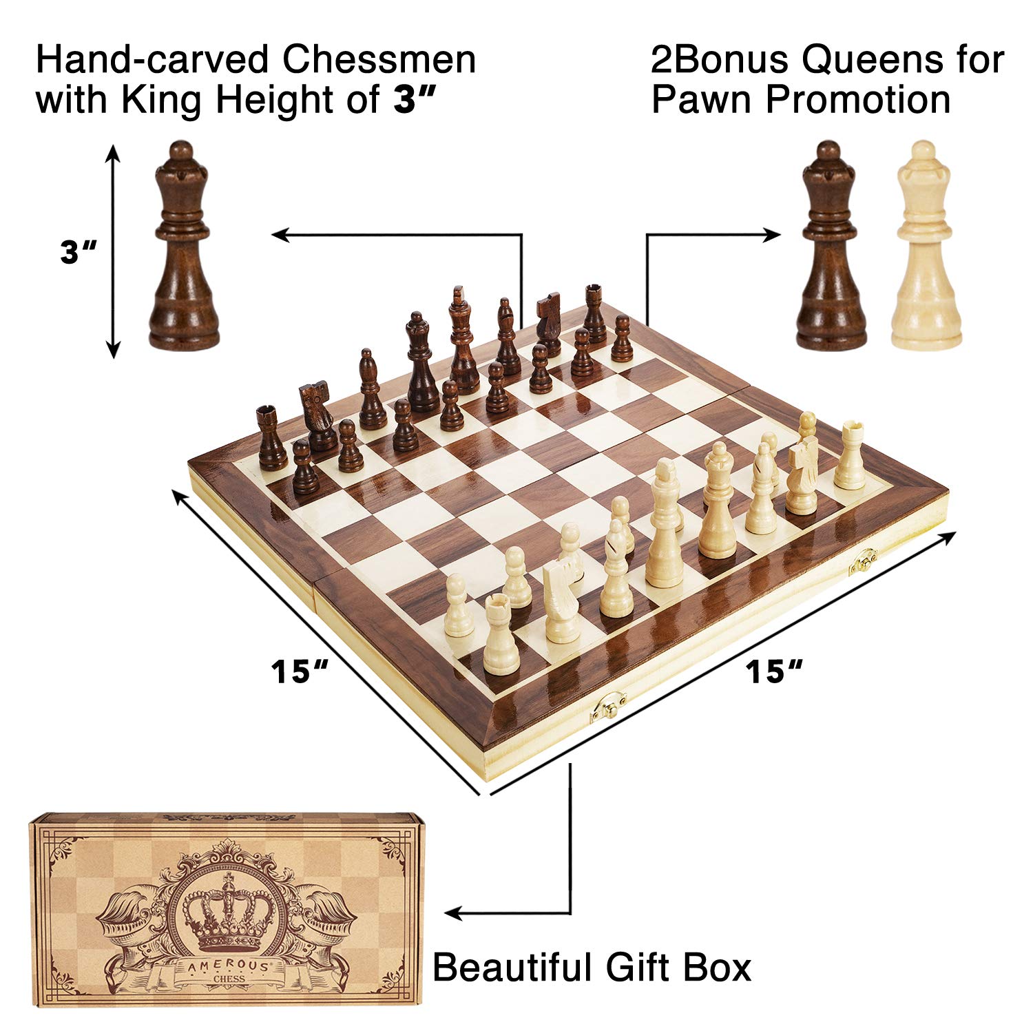 Amerous 15 Inches Magnetic Wooden Chess Set - 2 Extra Queens - Folding Board, Handmade Portable Travel Chess Board Game Sets with Game Pieces Storage Slots - Beginner Chess Set for Kids and Adults
