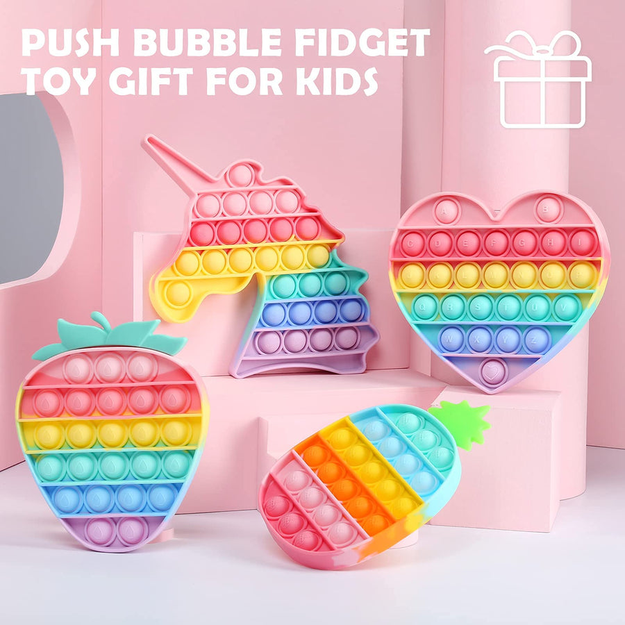 HiUnicorn 4 Pack Poppers Pop Sound Fidget Toys Gifts for Girls, Rainbow Unicorn Push Bubble Popping Game Toy BPA-Free Silicone, Macaron Pineapple Strawberry Fruits Sensory Toys Anxiety Reliever
