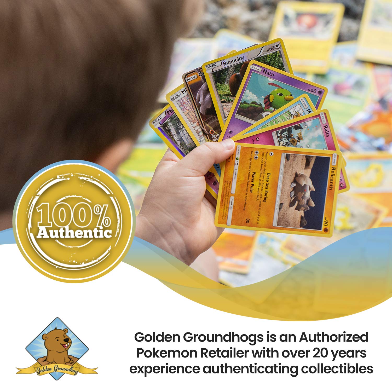 200 Assorted Pokemon Cards - 3 GX Ultra Rares, 4 Rare Cards, 3 Holographics, 90 Common/Uncommons, and 100 Energy Cards - Includes Golden Groundhog Treasure Chest Storage Box