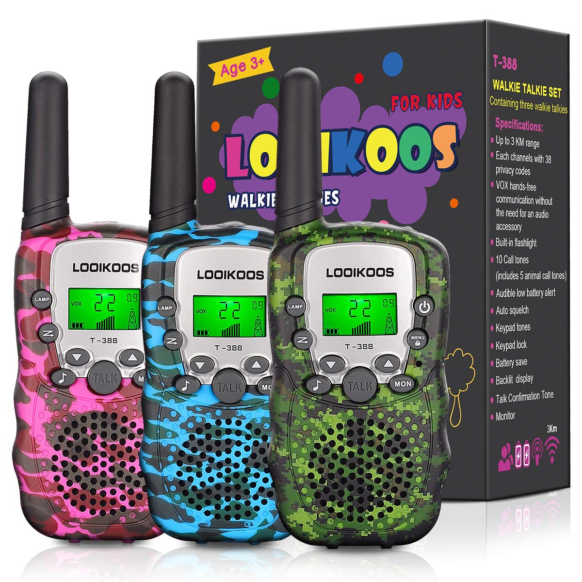 LOOIKOOS Walkie Talkies for Kids, 3 KMs Long Range Children Walky Talky Handheld Radio Kid Toy Best Gifts for Boys and Girls 3 Pack