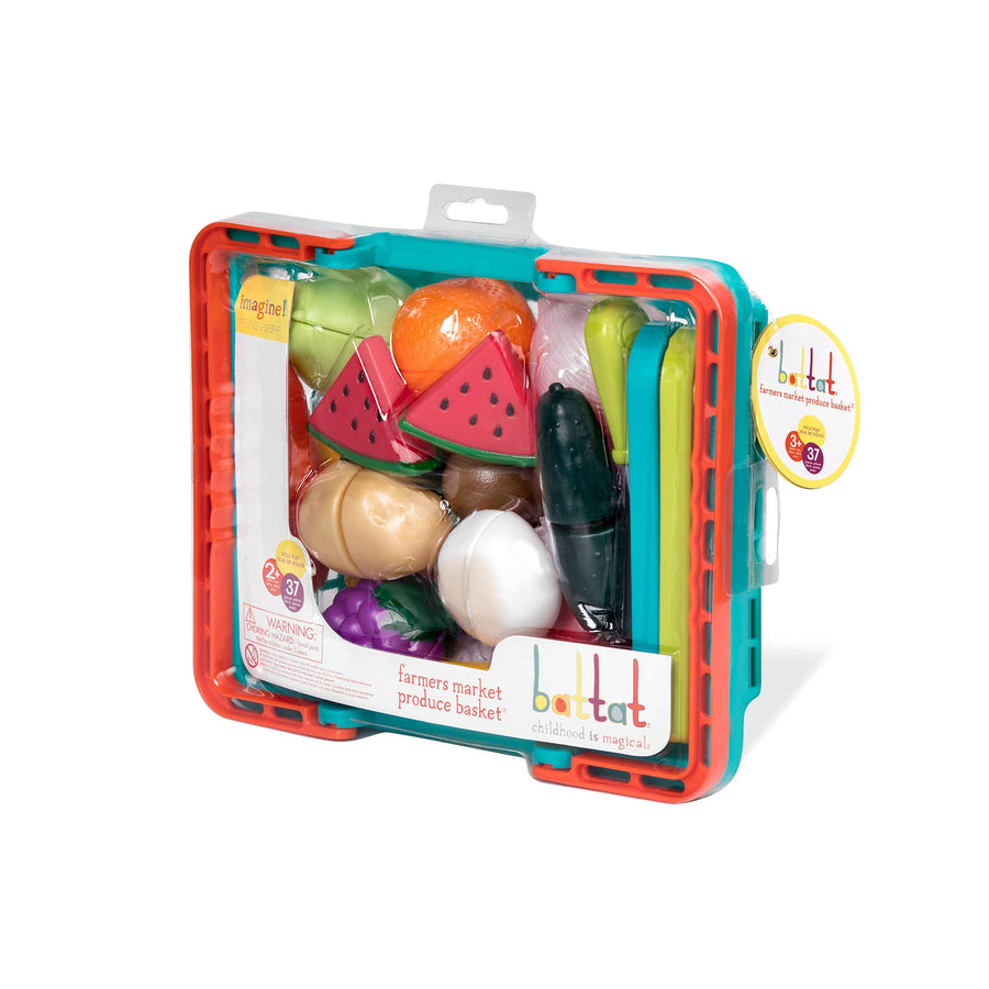 Battat – Farmers Market Basket – Toy Kitchen Accessories – Pretend Cutting Play Food Set for Toddlers 3 Years + (37-Pcs)