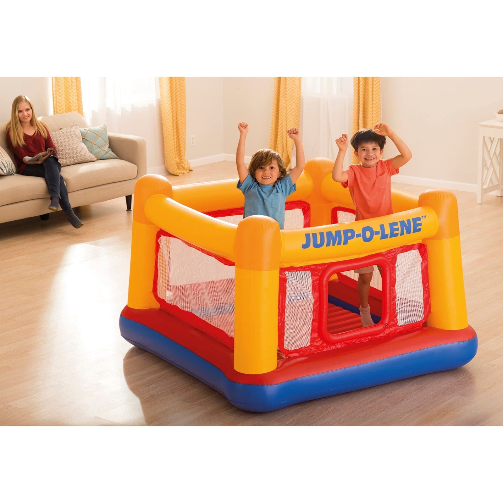 Intex Inflatable Jump-O-Lene Playhouse Trampoline Bounce House for Kids Ages 3-6 Pool Red/Yellow, 68-1/2" L x 68-1/2" W x 44" H