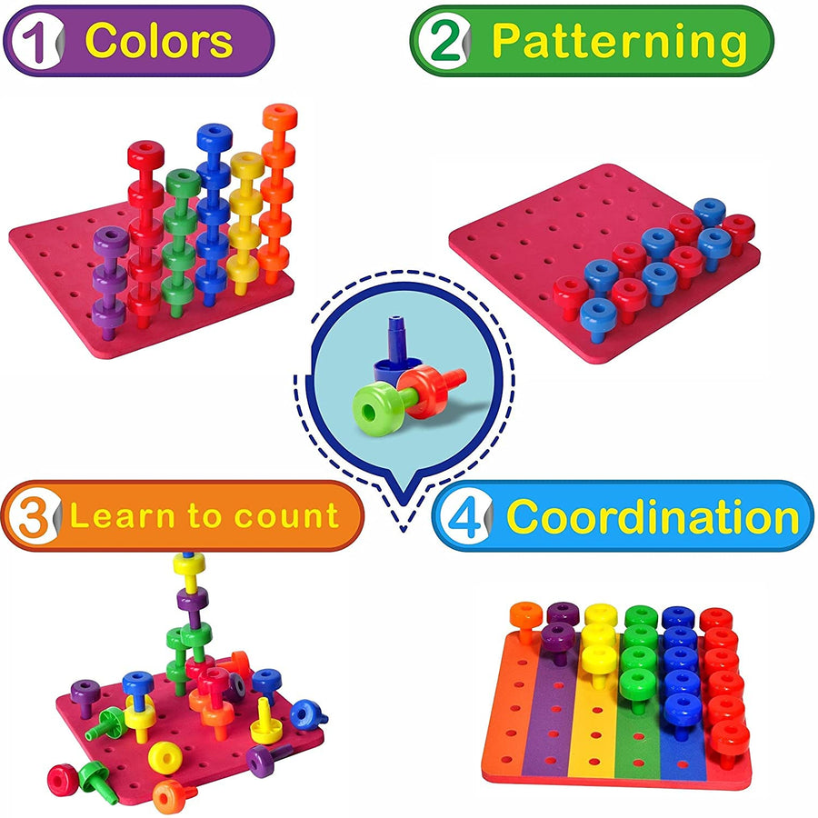 Stacking Peg Board Set Toy | JUMBO PACK | 60 Pegs & Board + FREE Stacking Cups + FREE Colorful Board + FREE Storage Bag | STEM Color Learning Montessori Occupational Therapy Fine Motor Skills Toddlers