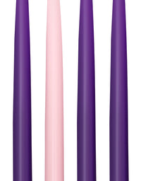 Advent Candle Set. "Made in the USA" Self Fitting End. Premium Hand Dipped Candles, Dripless, 4 pack - 3 purple, 1 pink
