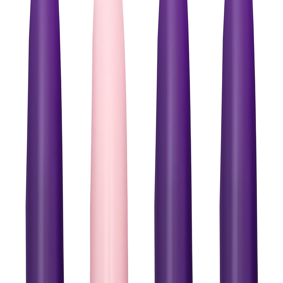 Advent Candle Set. "Made in the USA" Self Fitting End. Premium Hand Dipped Candles, Dripless, 4 pack - 3 purple, 1 pink