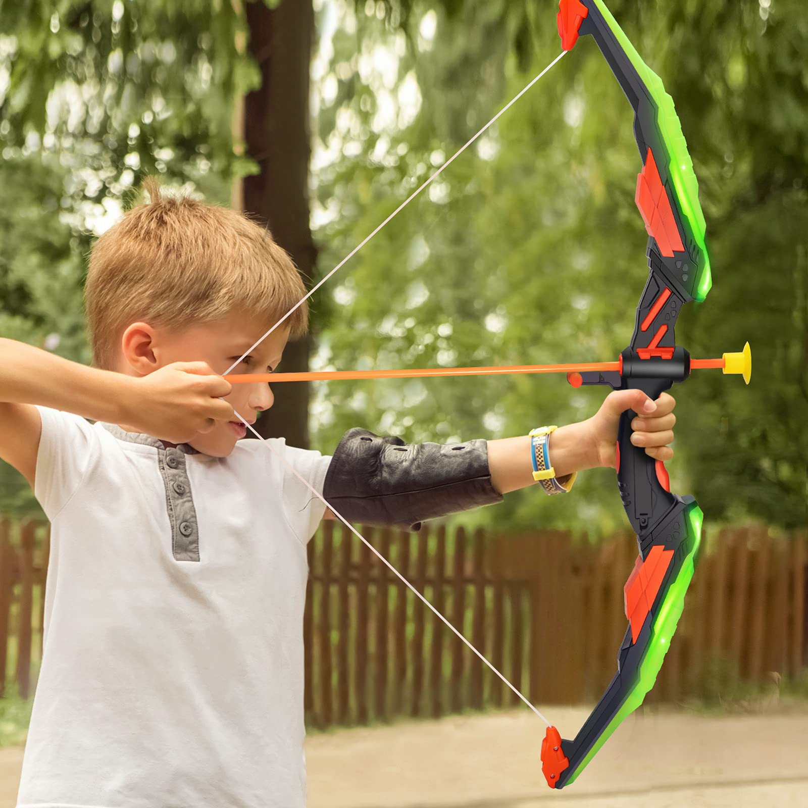 TMEI Bow and Arrow Set for Kids - Archery Toy Set - LED Light Up with 10 Suction Cup Arrows, Target & Quiver, Indoor and Outdoor Toys for Children Boys Girls
