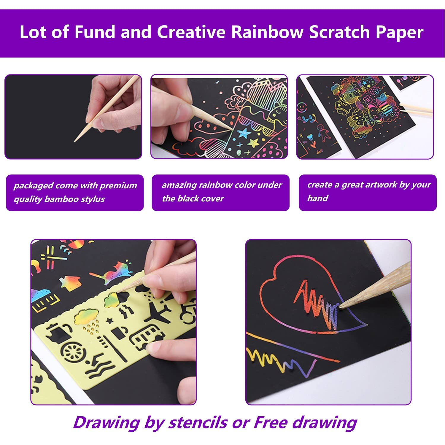 Scratch Paper Art Set, 100 Sheets Rainbow Magic Scratch Art Black Scratch it Off Paper Crafts Notes Drawing Boards Sheet with 10 Wooden Stylus and 4 Stencils for Kids DIY Christmas Birthday Gift Card