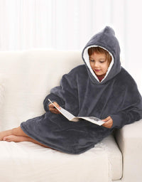 Touchat Wearable Blanket Hoodie, Oversized Sherpa Blanket Sweatshirt with Hood Pocket and Sleeves, Super Soft Warm Plush Hooded Blanket for Kids, One Size Fits All (Grey)
