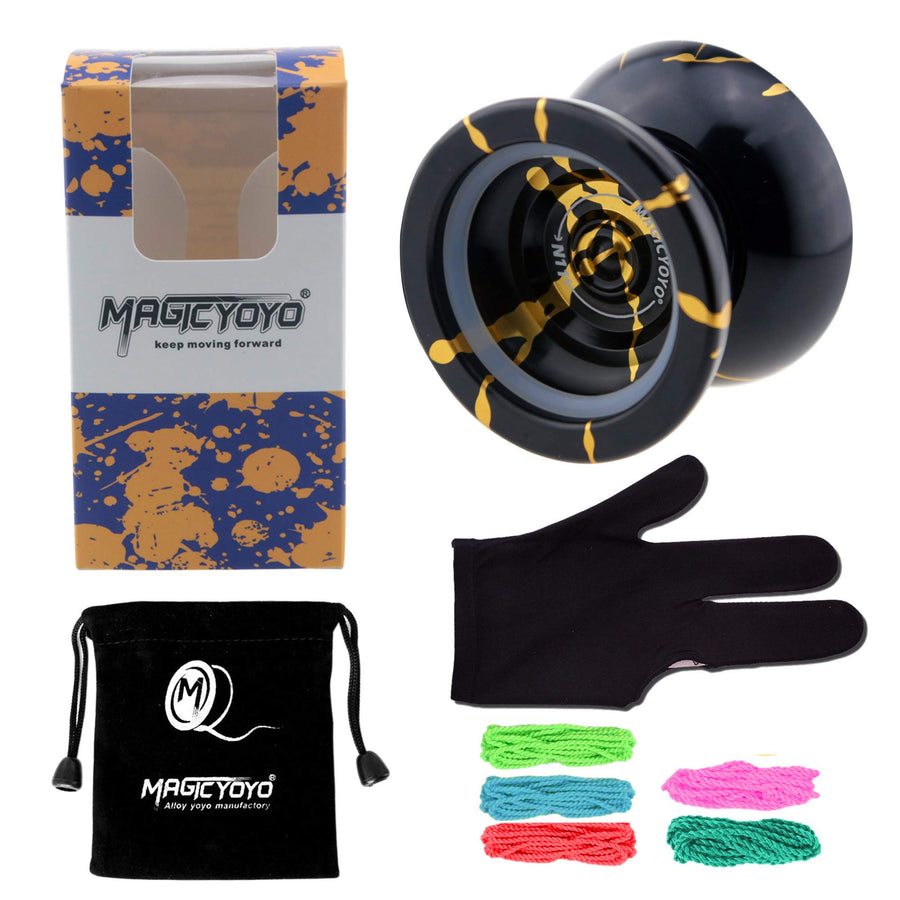 MAGICYOYO N11 Professional Unresponsive Yoyo N11 Alloy Aluminum YoYo Ball (Black with Golden) with Bag, Glove and 5 Strings