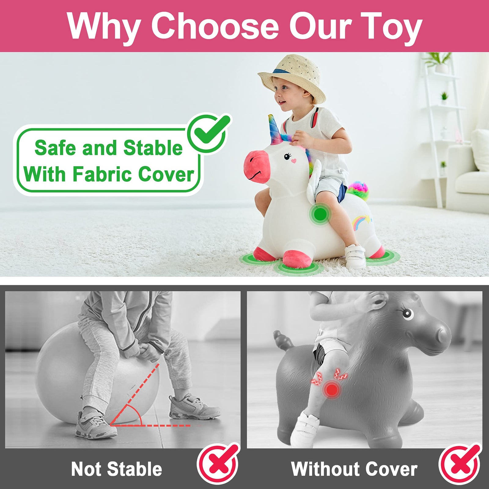 iPlay, iLearn Bouncy Pals Unicorn Hopping Horse Plush, Outdoor n Indoor Ride on Animal Toys, Inflatable Hopper, Activity Riding Birthday Gift for 18 Months 2 3 4 Year Old Kid Toddler Girl W/ Pump